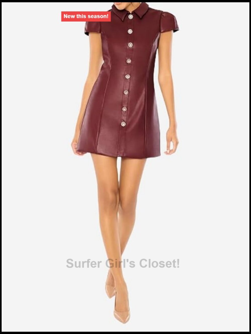 Faux Leather Cocktail Dress with Embellished Buttons Wrap High Waist Backless